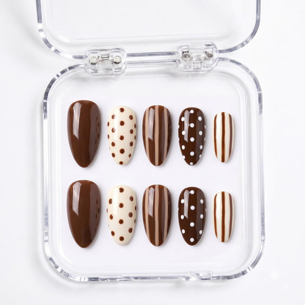 Chocolate Brown, Cream and White Polka Dot and Stripe Nail Set