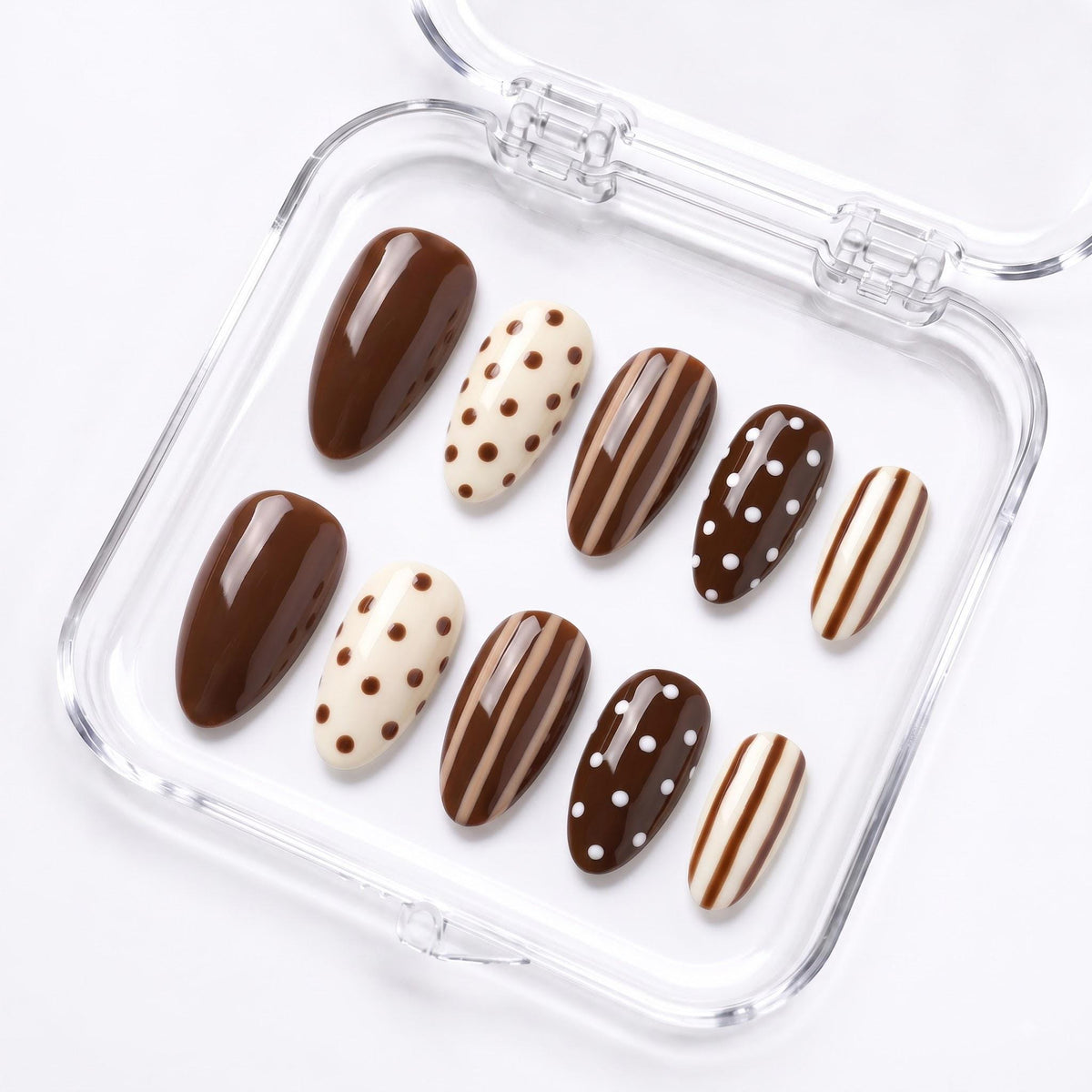 Chocolate Brown, Cream and White Polka Dot and Stripe Nail Set