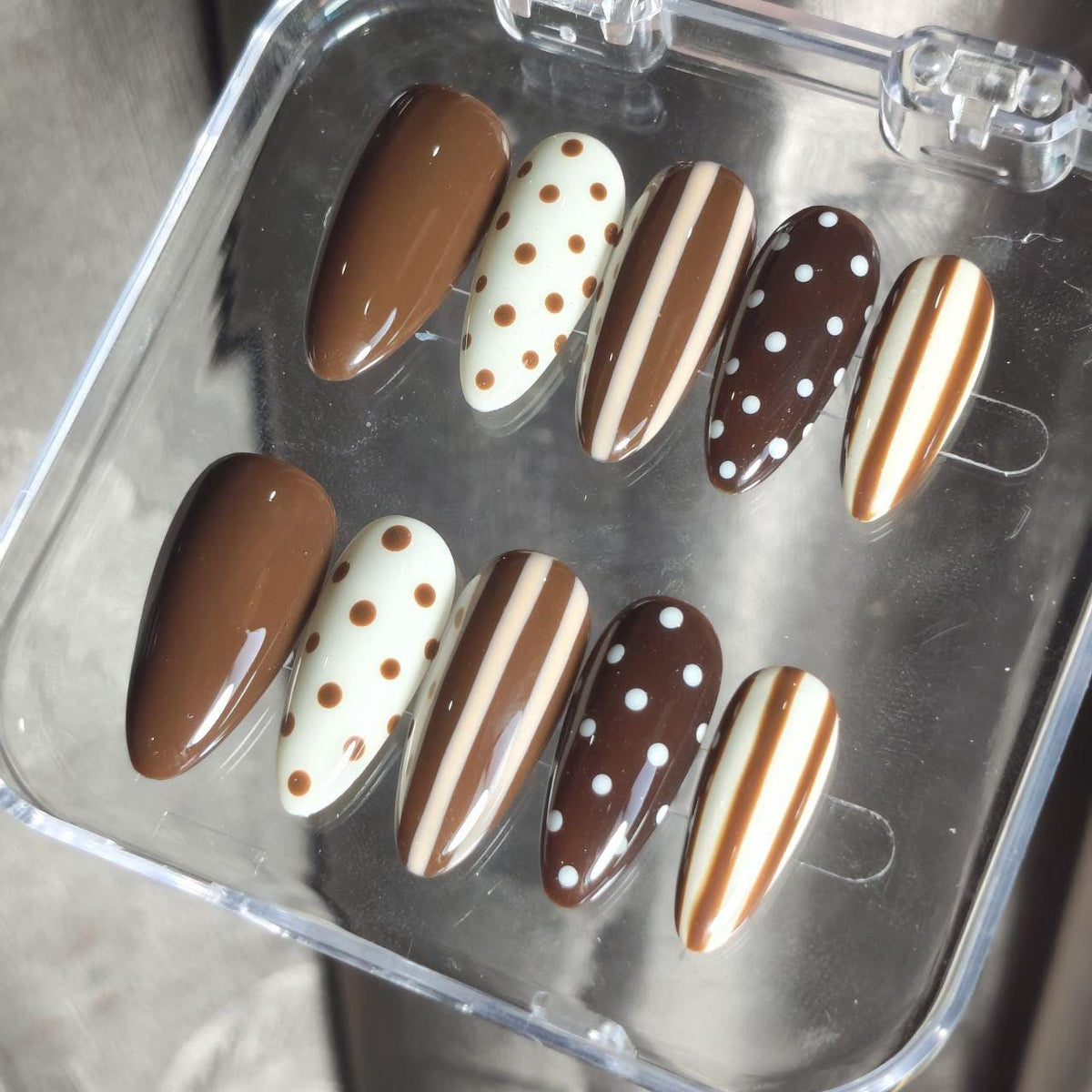 Chocolate Brown, Cream and White Polka Dot and Stripe Nail Set