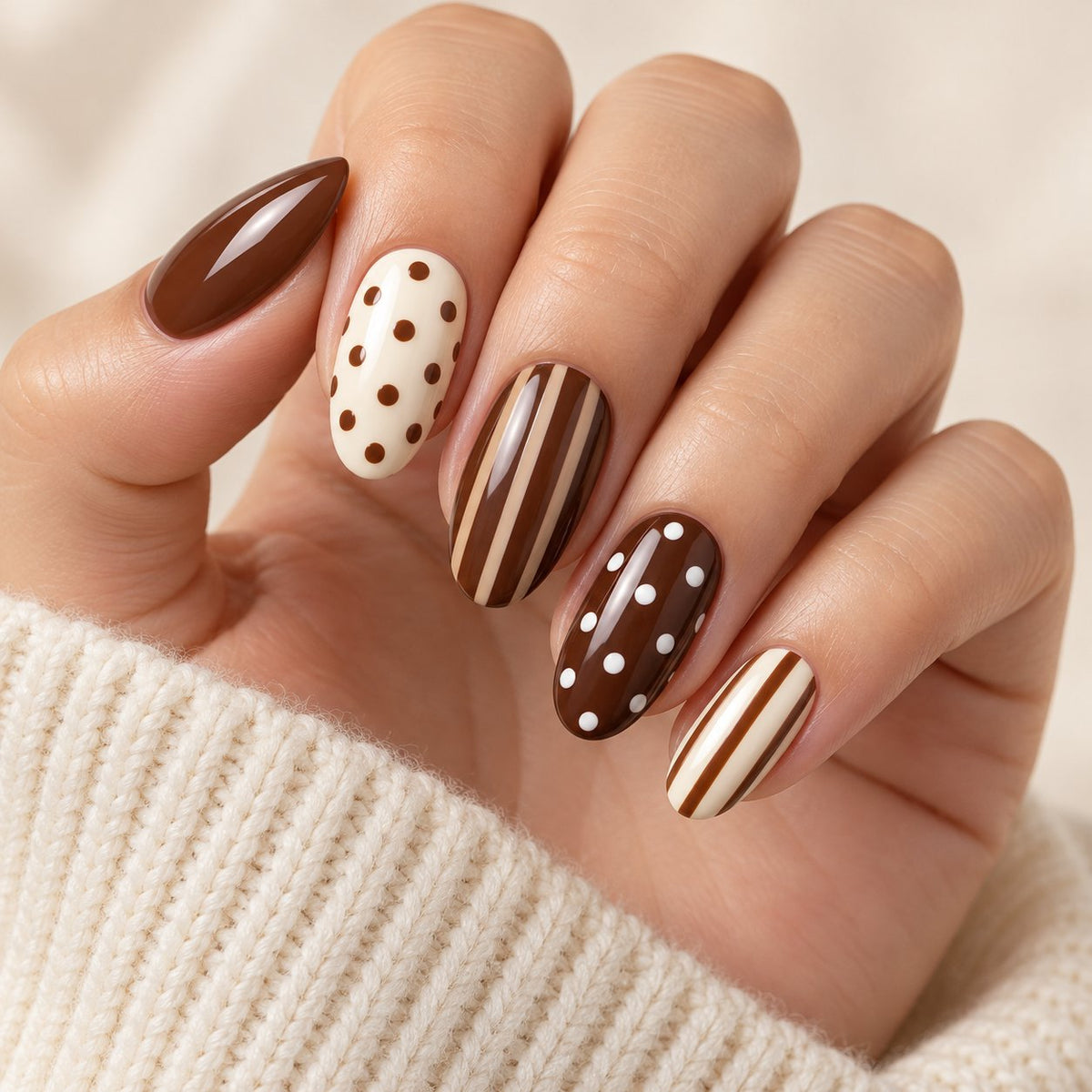 Chocolate Brown, Cream and White Polka Dot and Stripe Nail Set worn on hand