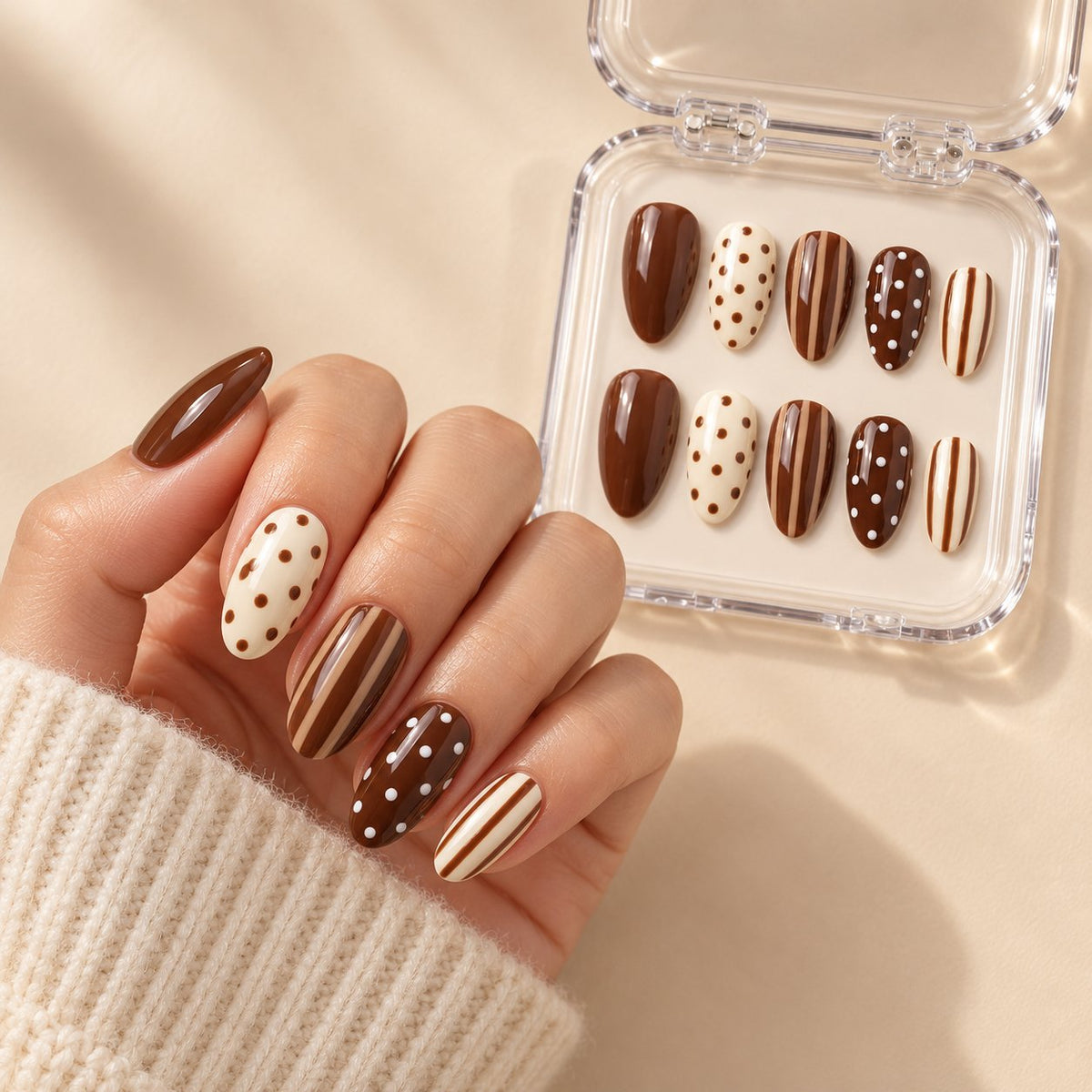 Chocolate Brown, Cream and White Polka Dot and Stripe Nail Set worn on hand with acrylic storage box