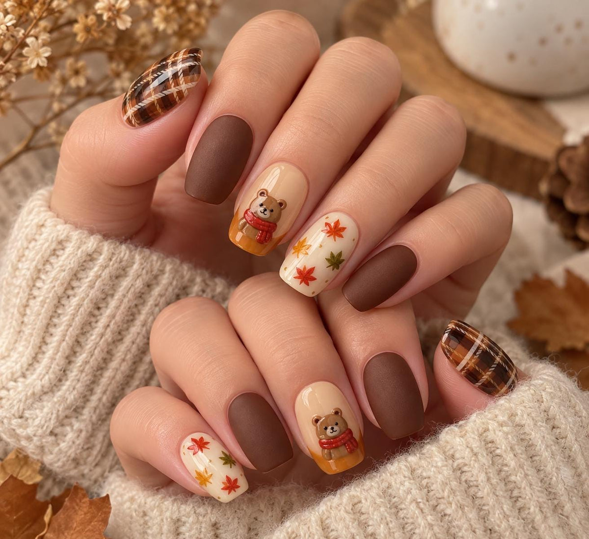 Chocolate Brown Plaid and Autumn Leaf Press On Nails with 3D Teddy Bears