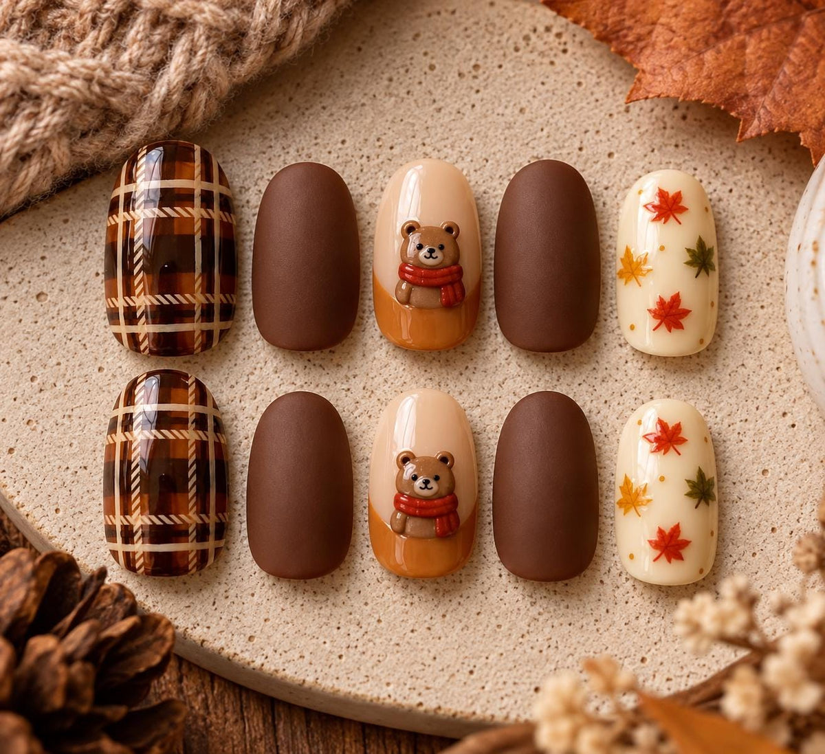 Chocolate Brown Plaid and Autumn Leaf Press On Nails with 3D Teddy Bears