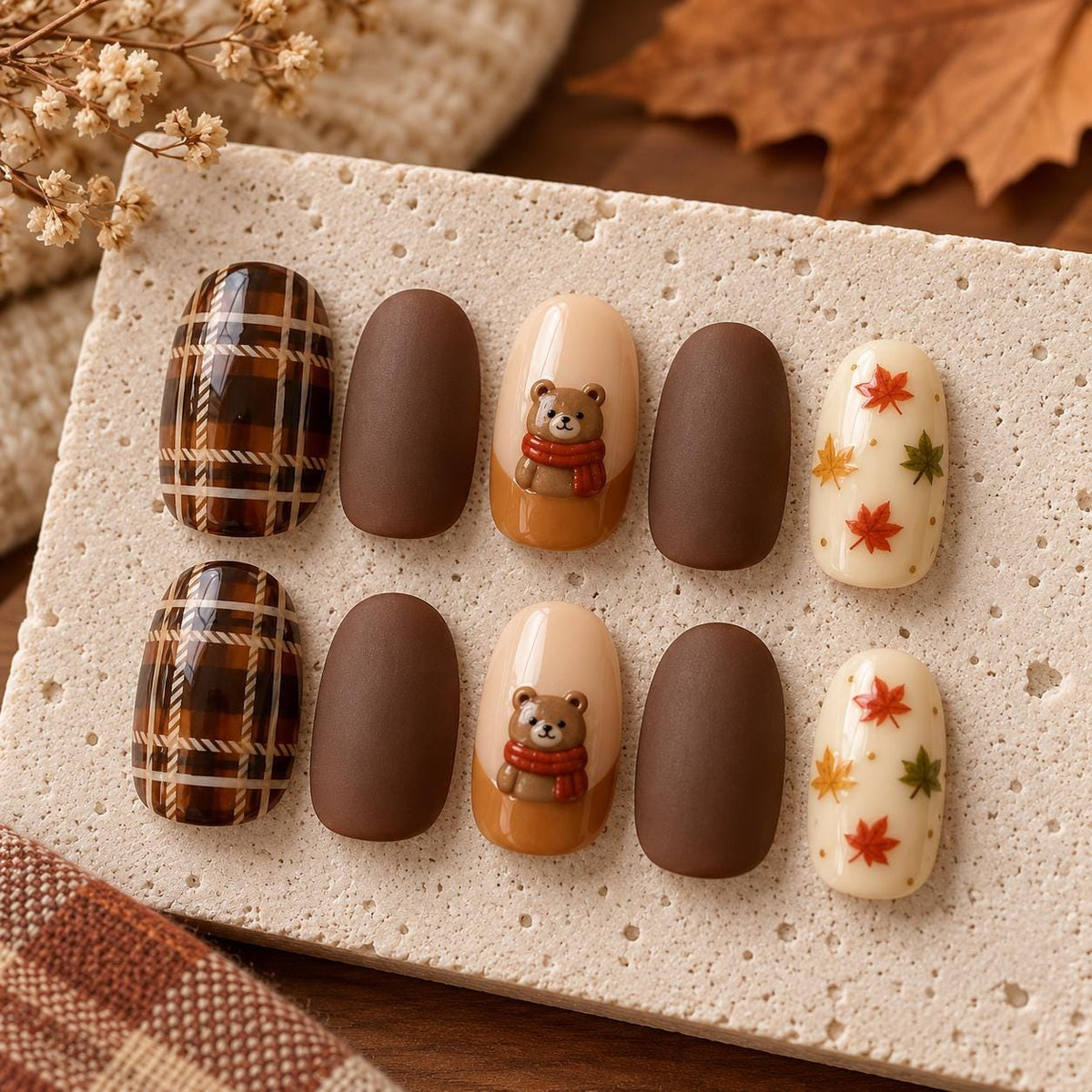 Chocolate Brown Plaid and Autumn Leaf Press On Nails with 3D Teddy Bears