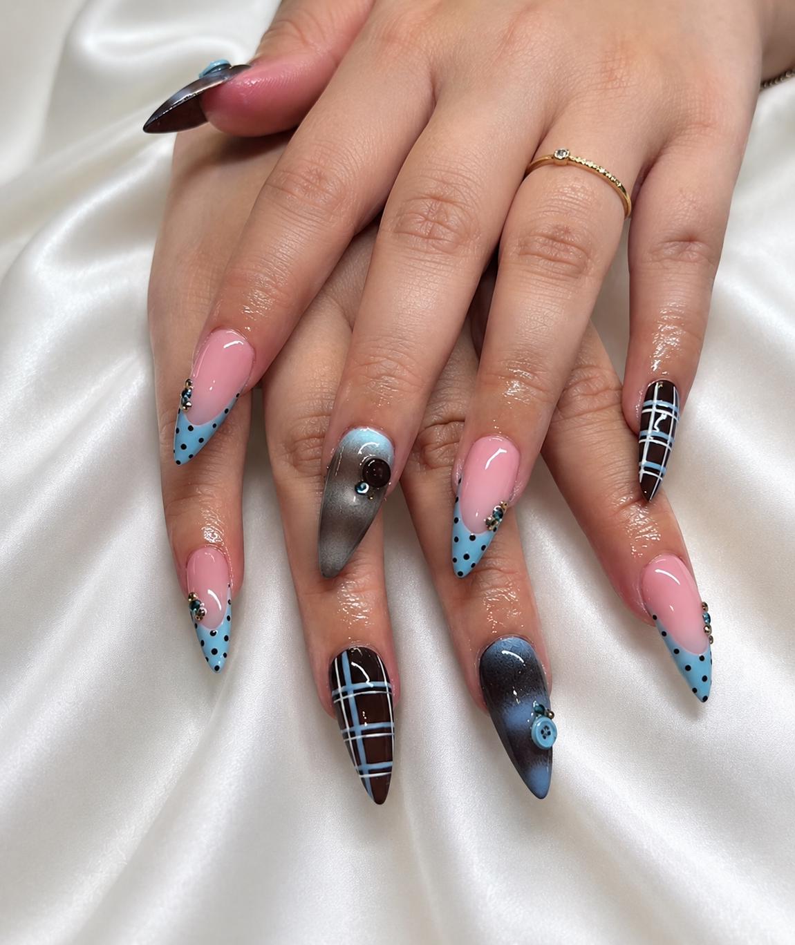 Chocolate Brown Plaid and Baby Blue Polka Dot French Tip Nail Set
