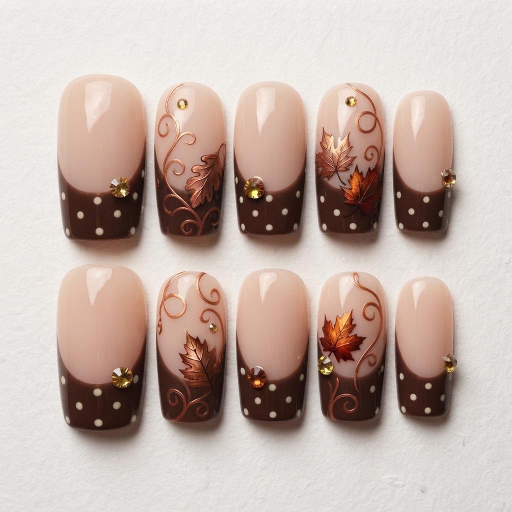 Chocolate Brown Polka Dot French Tip Nails With Copper Maple Leaves