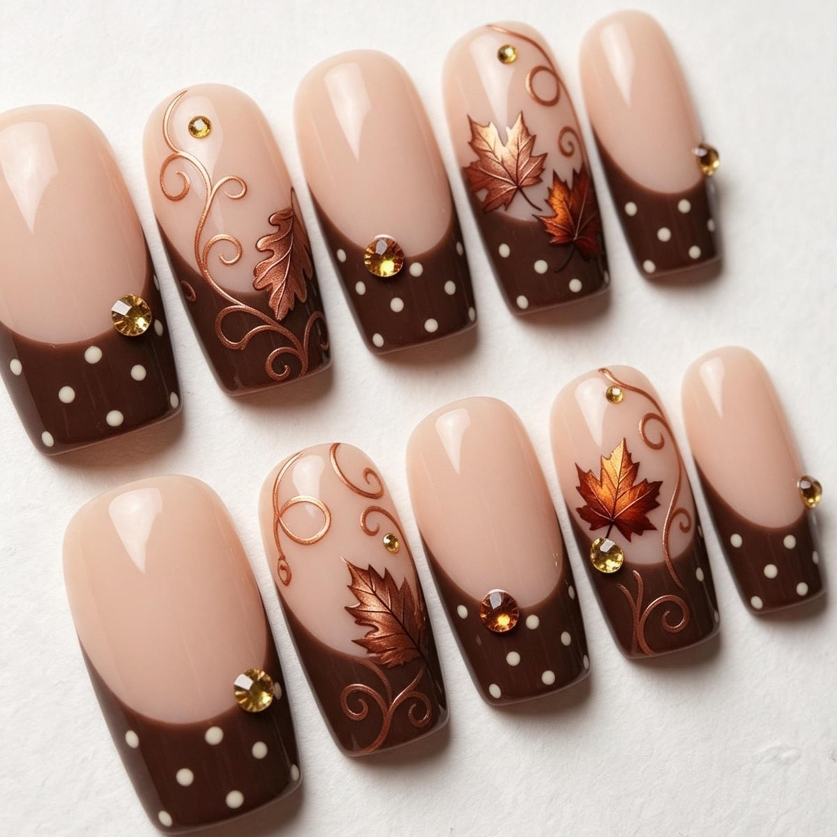 Chocolate Brown Polka Dot French Tip Nails With Copper Maple Leaves