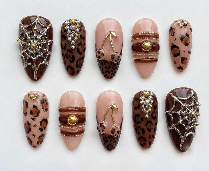 Chocolate Leopard Print, Cherry Accent and Spiderweb Press-On Nail Set