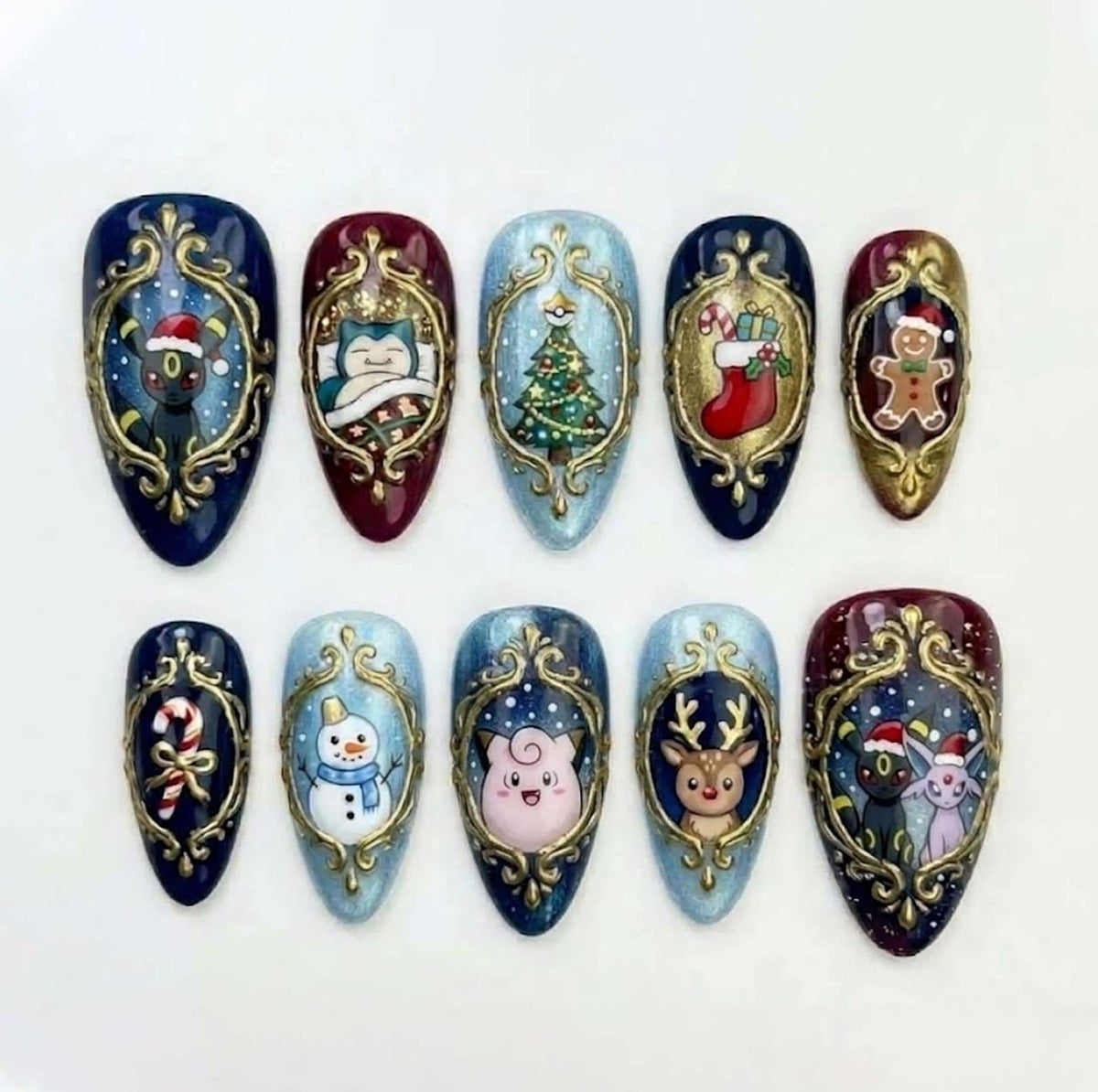Christmas Anime Baroque Frame Nail Set in Navy, Burgundy, Icy Blue, and Gold