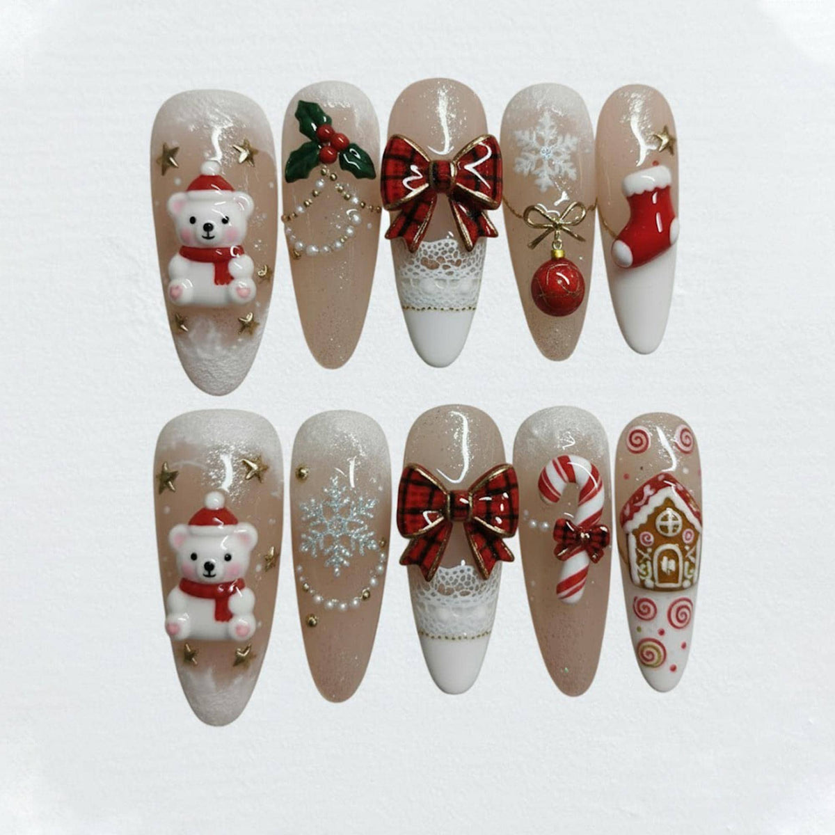 Christmas Bear and Gingerbread House Nails with Plaid Bows and Candy Canes