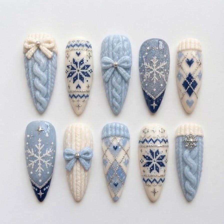 Christmas Blue and Ivory Cable-Knit Snowflake Nails With Raised Bows