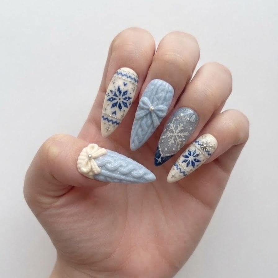 Christmas Blue and Ivory Cable-Knit Snowflake Nails With Raised Bows