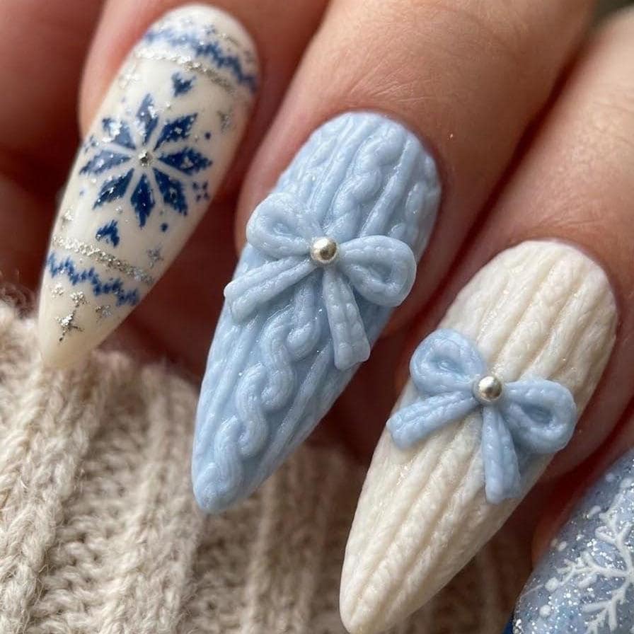 Christmas Blue and Ivory Cable-Knit Snowflake Nails With Raised Bows