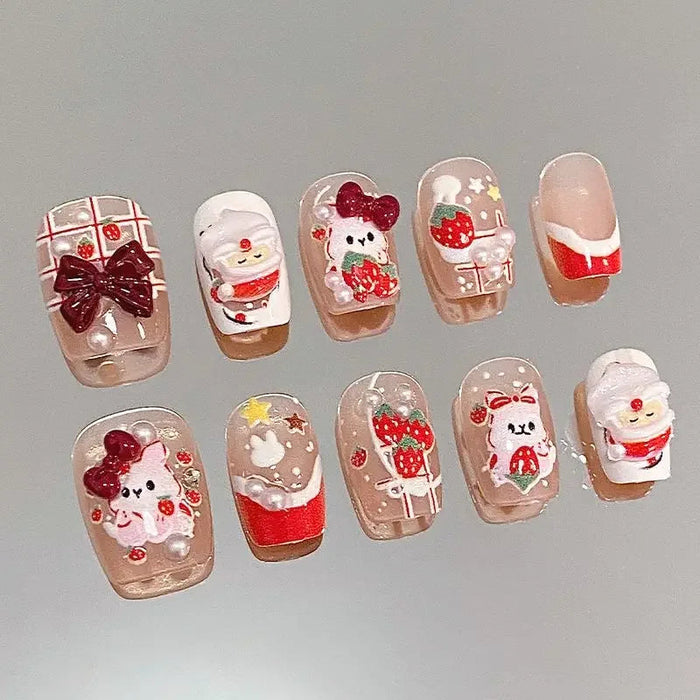 Christmas Bunny and Santa Press On Nails with Strawberries, Bows, and 3D Details