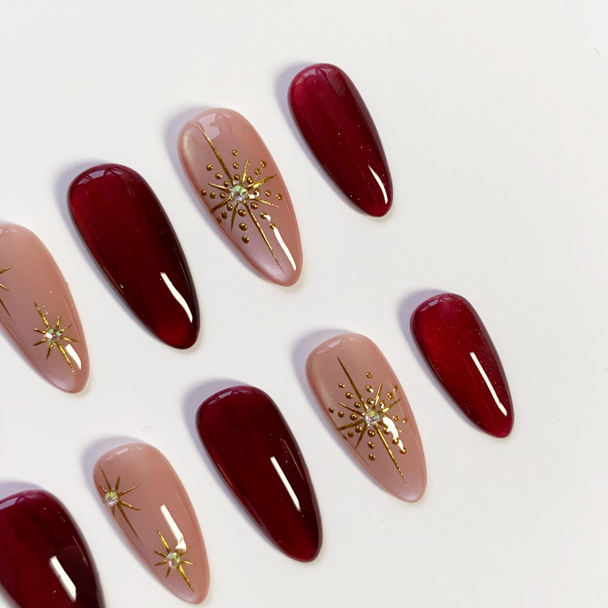 Christmas Burgundy and Blush Starburst Press On Nails with Gold Accents