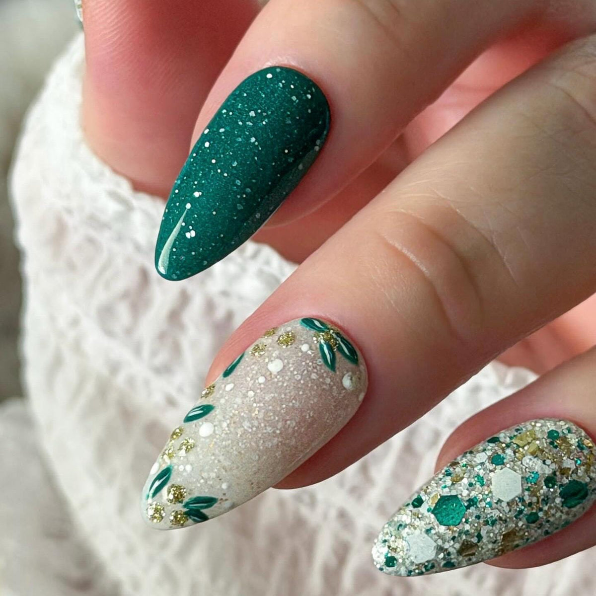 Christmas Burgundy, Teal & Gold Glitter Press On Nail Set