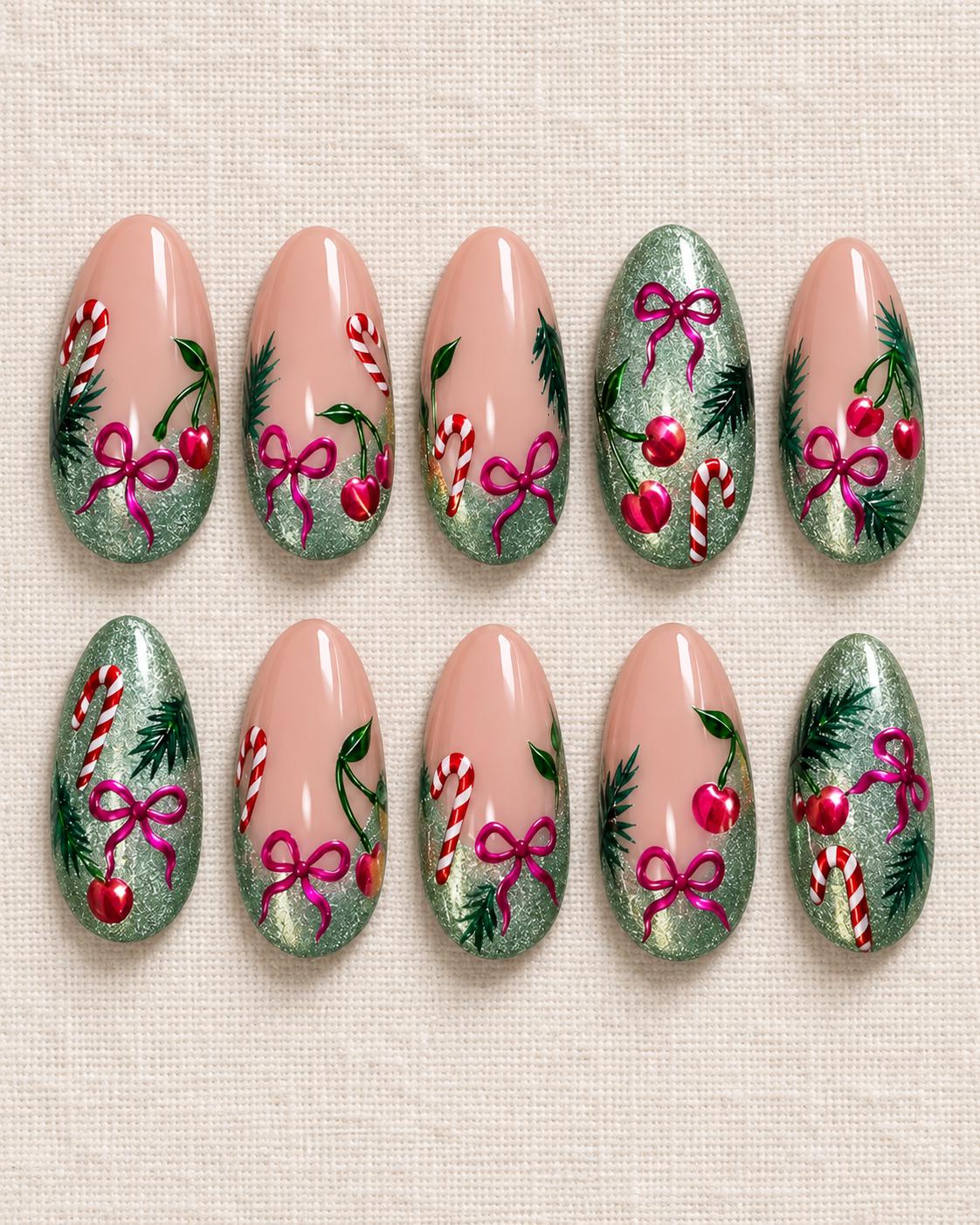Christmas Candy Cane and Cherry Nails With Green Glitter and Pink Bows
