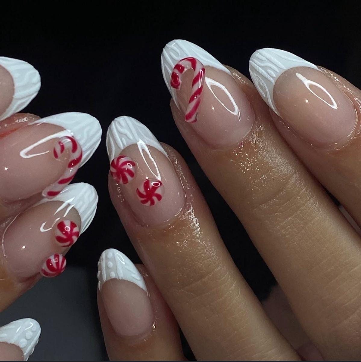 Christmas Candy Cane and Peppermint Swirl French Tip Nail Set