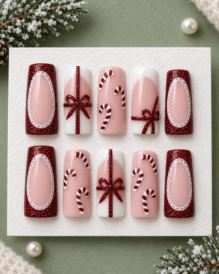 Christmas Candy Cane and Red Glitter Bow Press On Nails