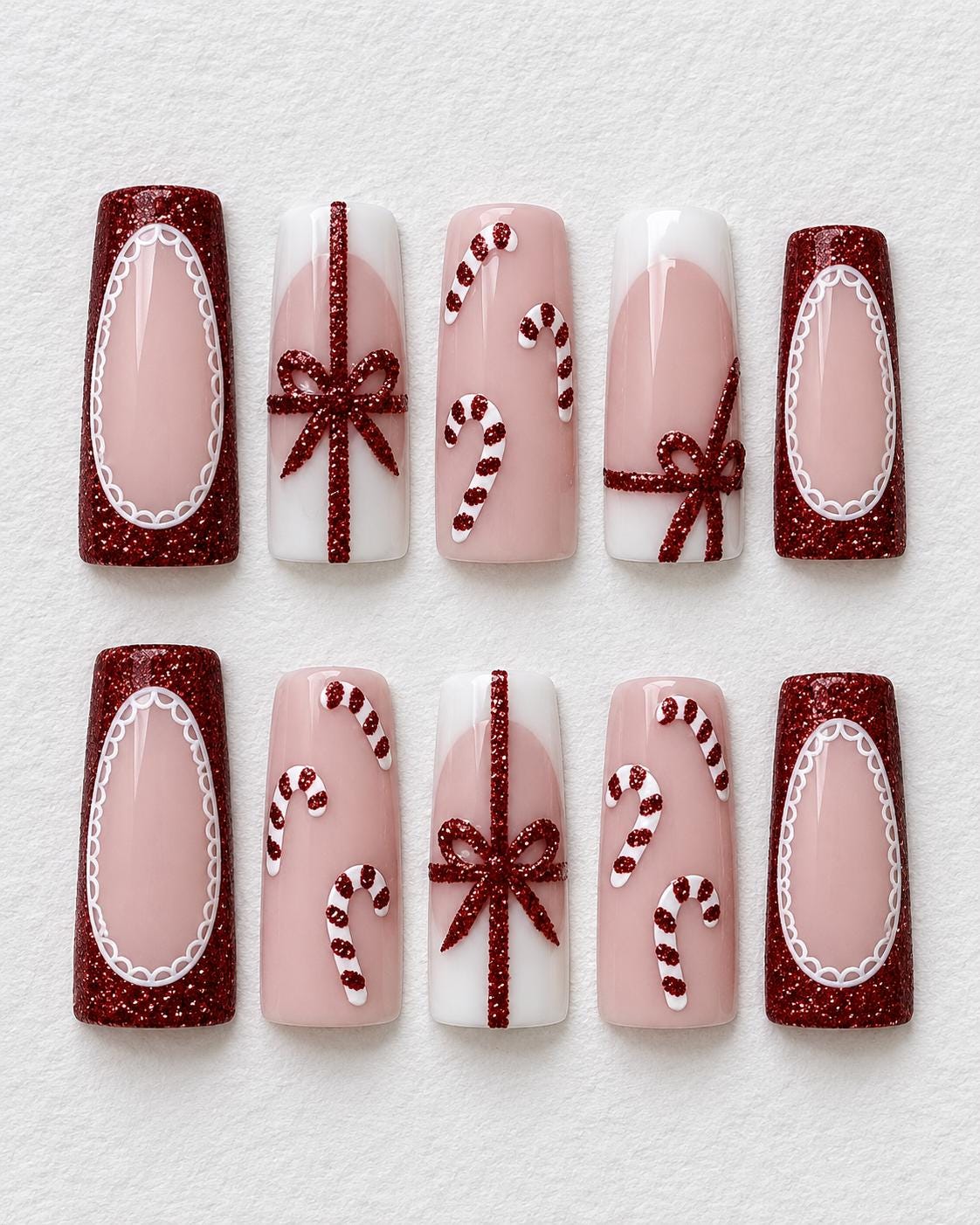 Christmas Candy Cane and Red Glitter Bow Press On Nails