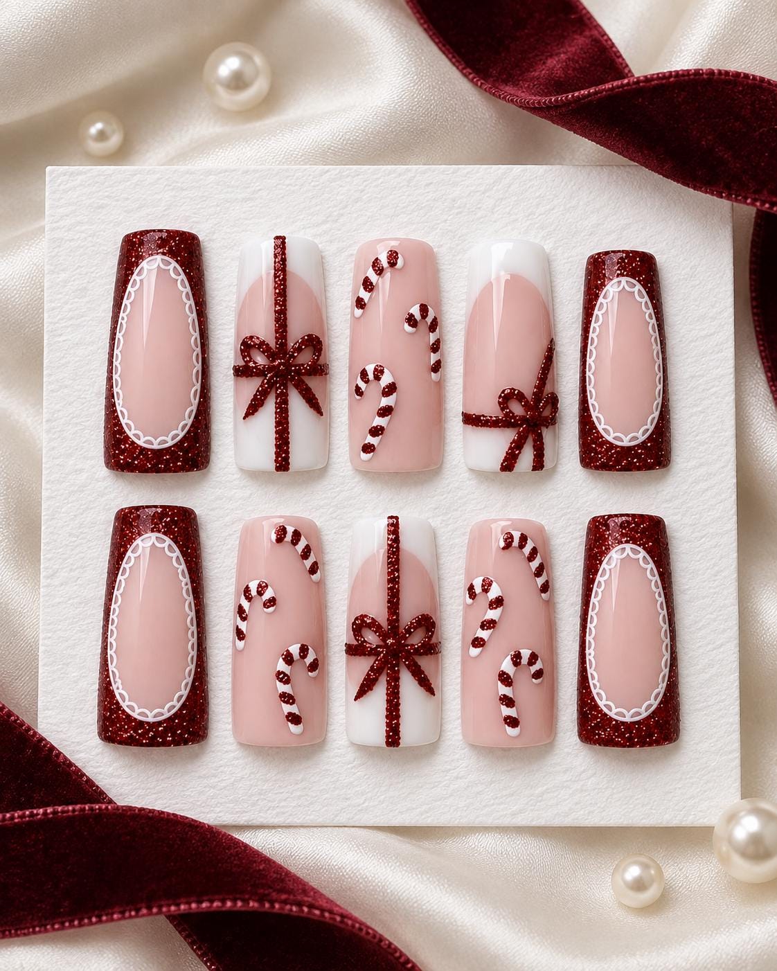 Christmas Candy Cane and Red Glitter Bow Press On Nails