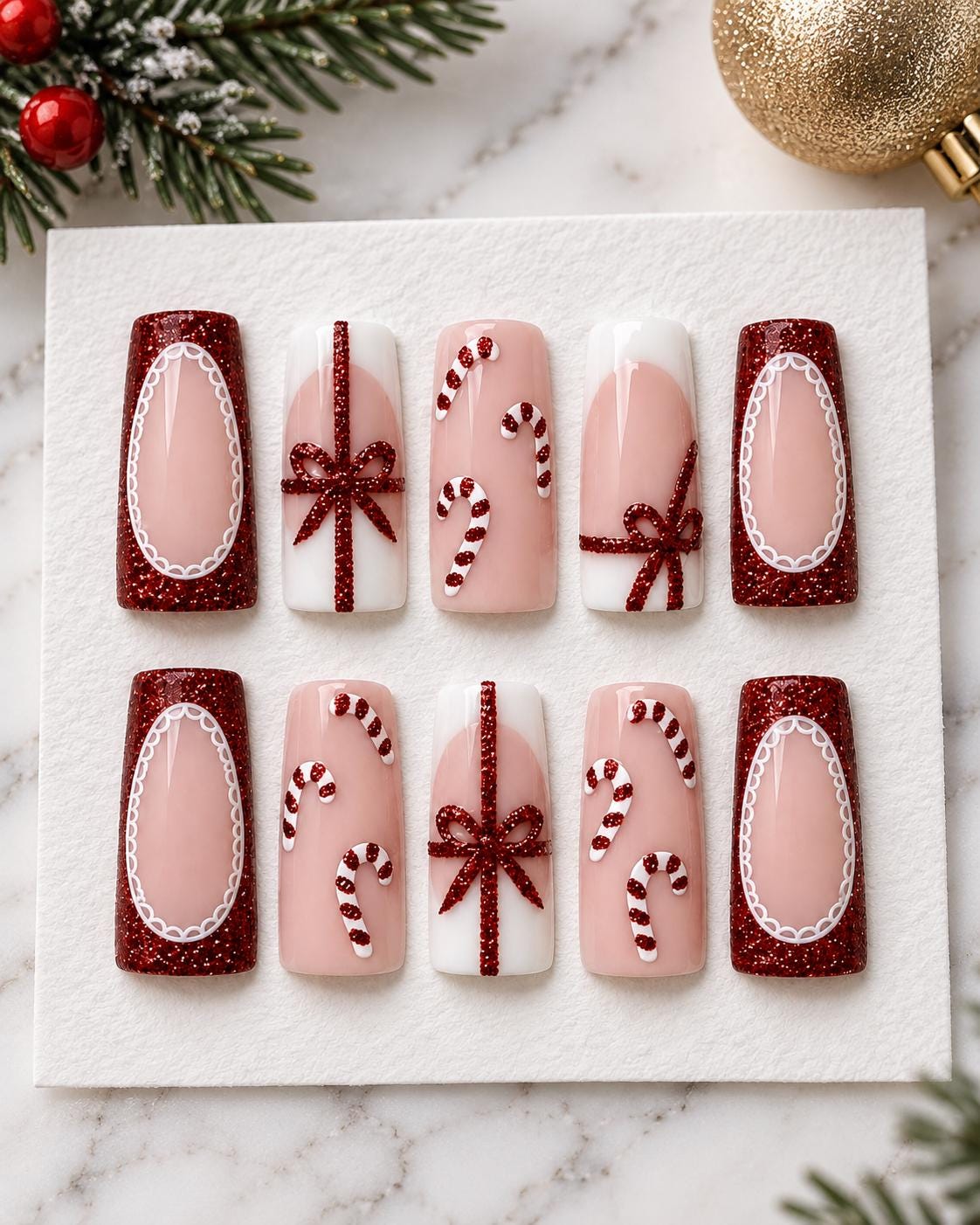 Christmas Candy Cane and Red Glitter Bow Press On Nails