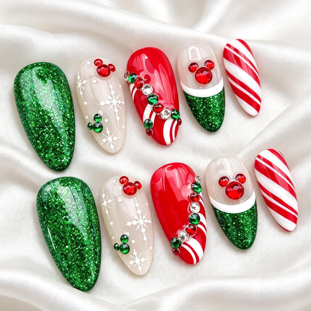 Christmas Candy Cane and Snowflake Press-On Nails With Emerald Glitter