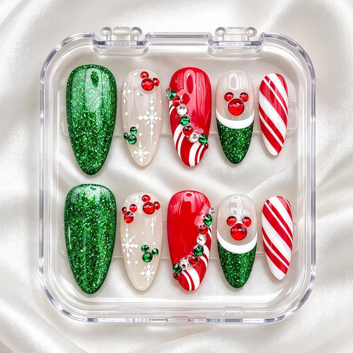 Christmas Candy Cane and Snowflake Press-On Nails With Emerald Glitter