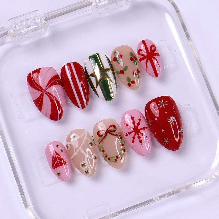 Christmas Candy Cane, Bow & Snowflake Nail Set With Gold Star Accents