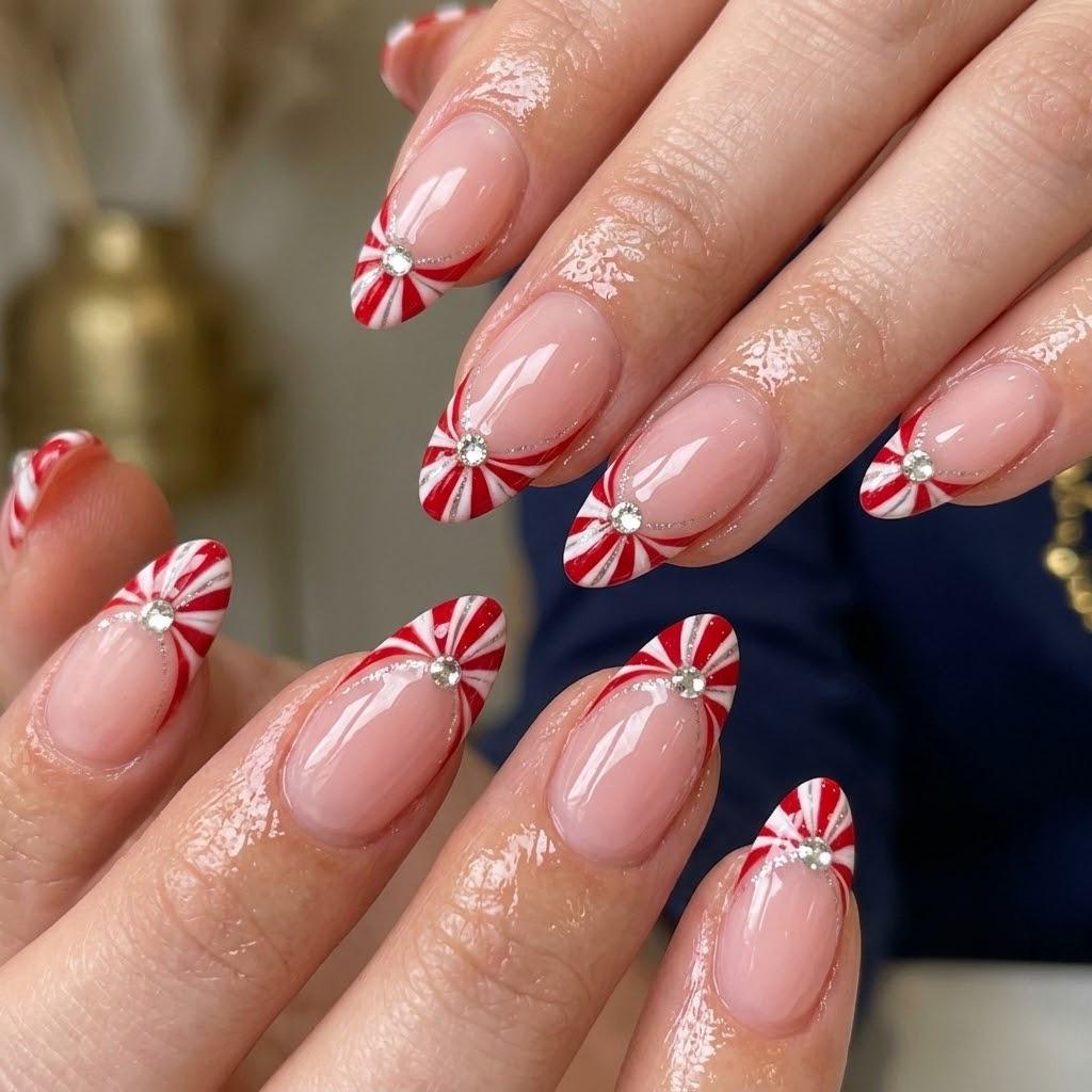 Christmas Candy Cane French Tip Press On Nails with Rhinestones