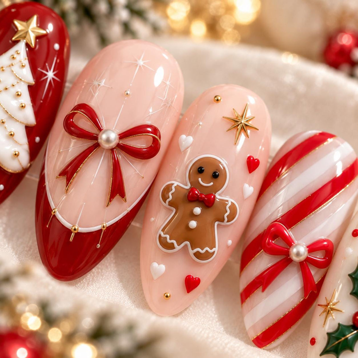 Christmas Candy Cane, Gingerbread, and Tree Press-On Nails