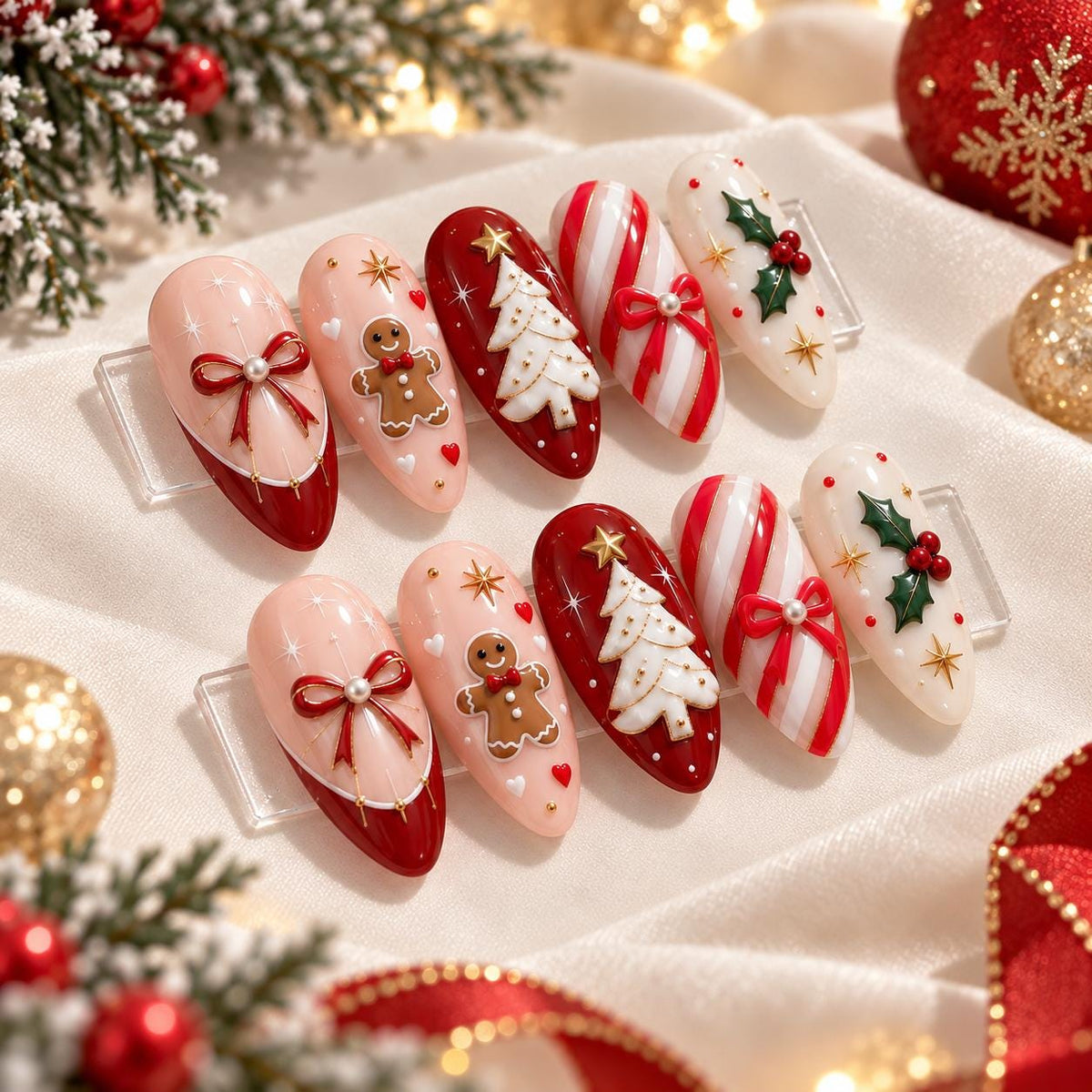 Christmas Candy Cane, Gingerbread, and Tree Press-On Nails