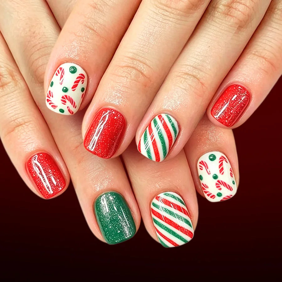 Christmas Candy Cane Press-On Nails With Red and Green Glitter