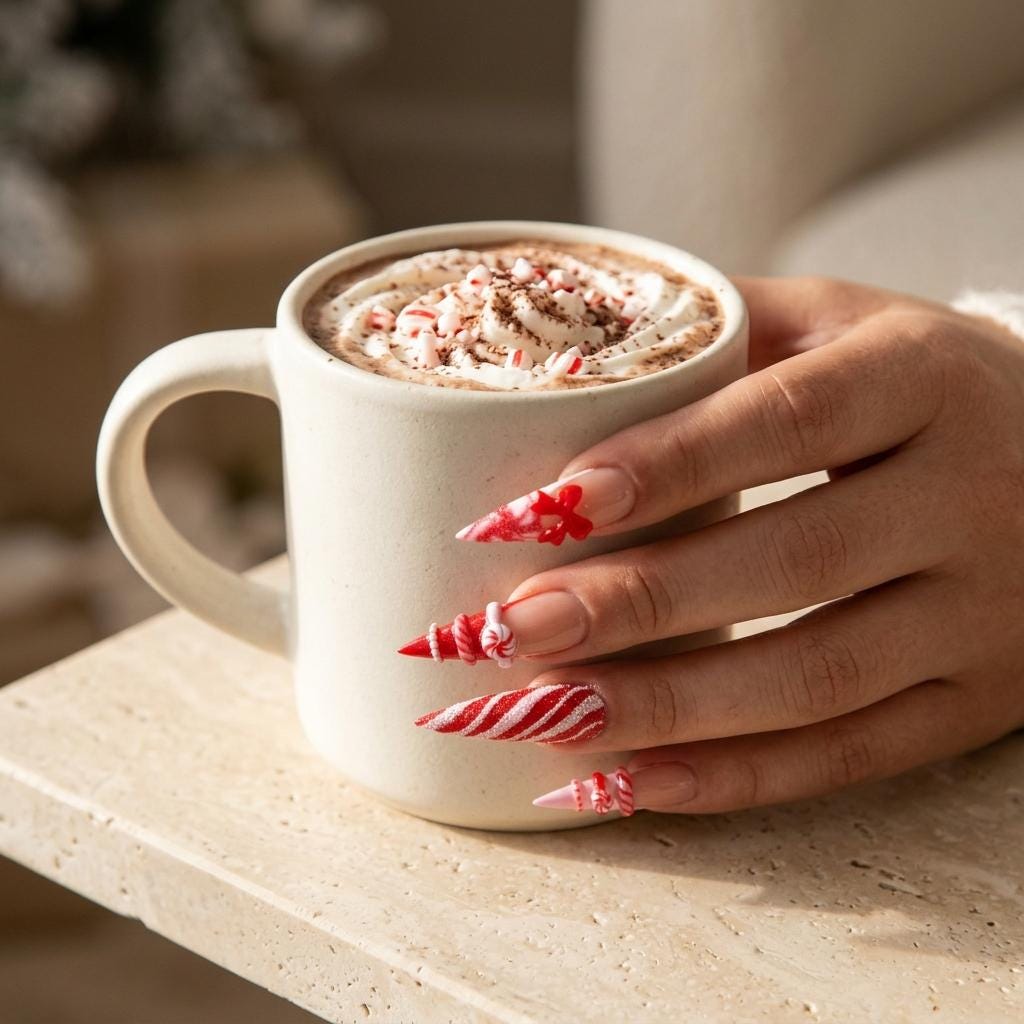 Christmas Candy Cane Press On Nails With Red Bows and 3D Peppermint Details