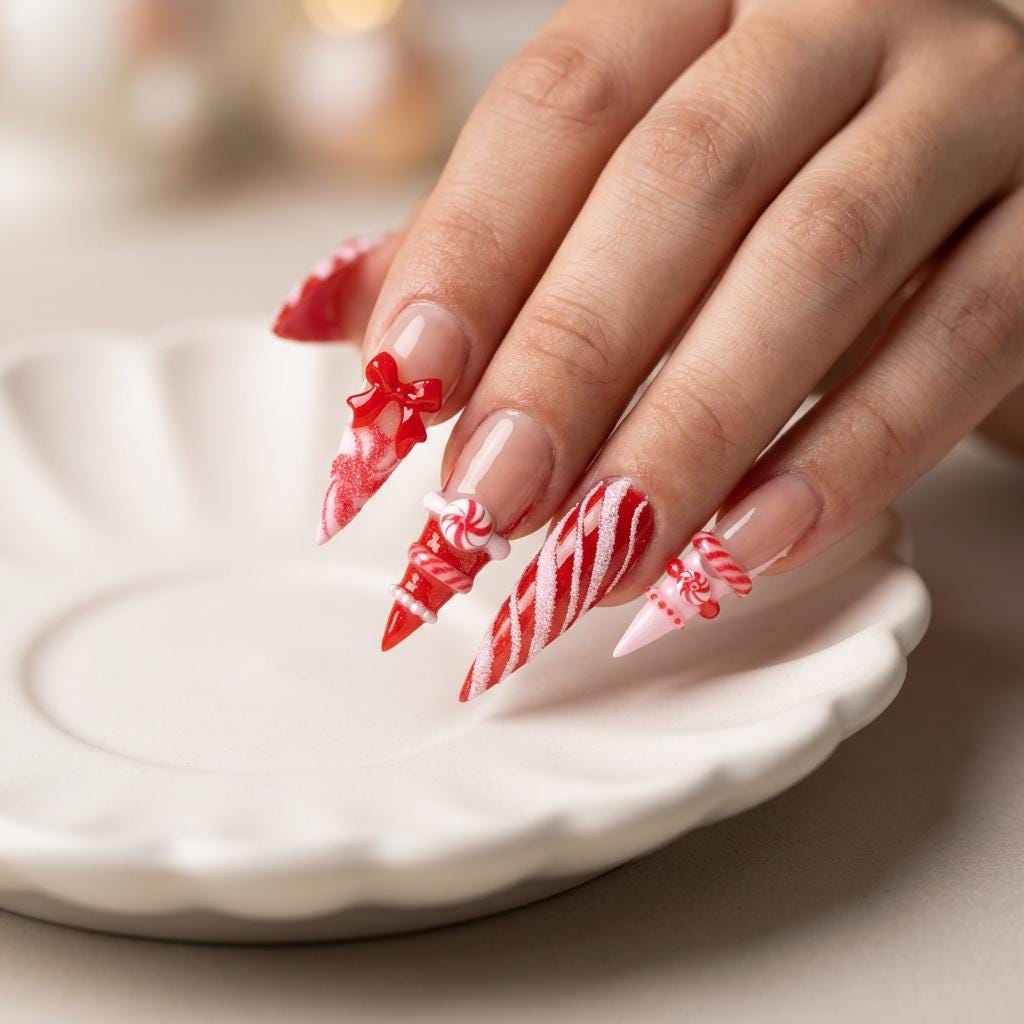 Christmas Candy Cane Press On Nails With Red Bows and 3D Peppermint Details