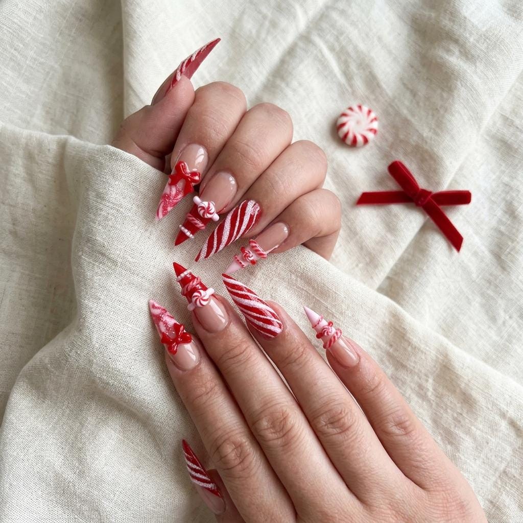 Christmas Candy Cane Press On Nails With Red Bows and 3D Peppermint Details