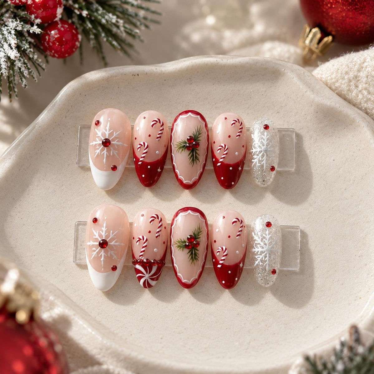 Christmas Candy Cane Press On Nails With Red French Tips, Snowflakes and Evergreen Sprigs