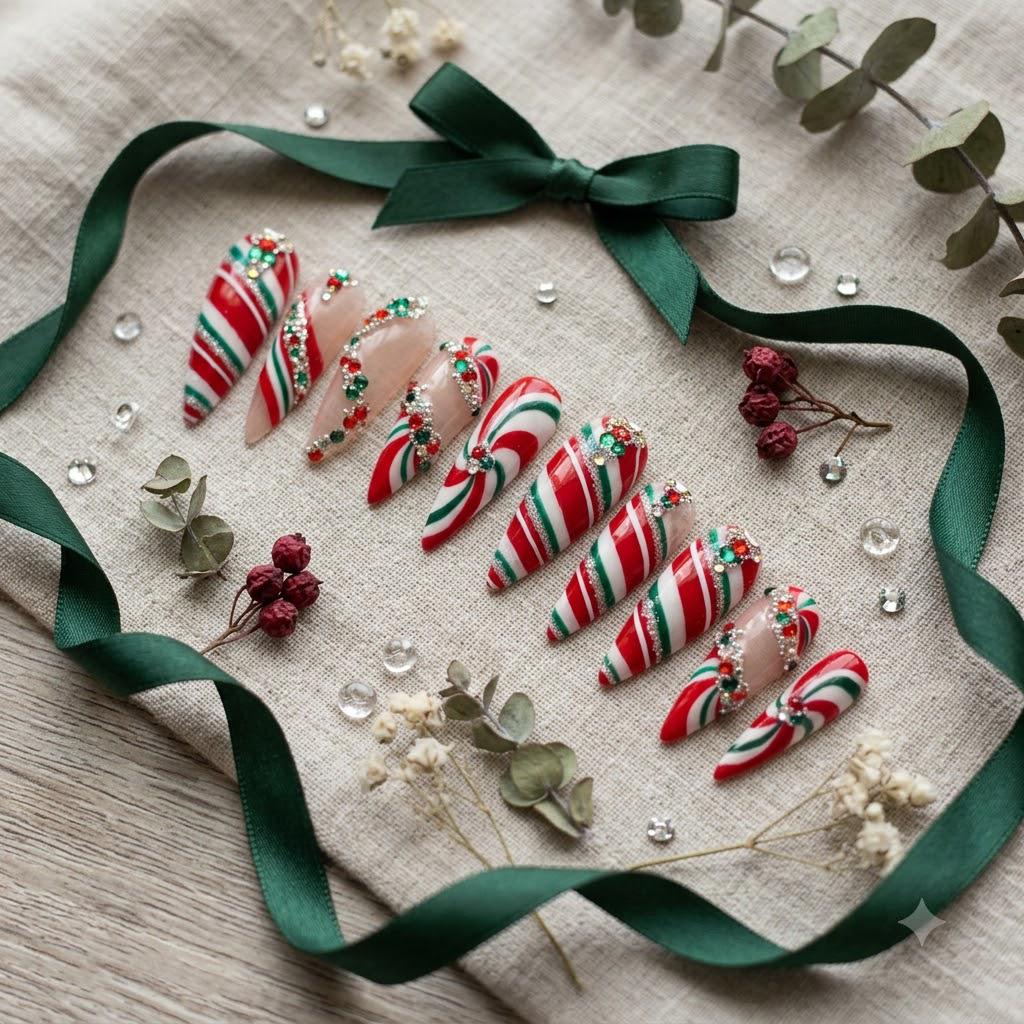 Christmas Candy Cane Stripe Press On Nails with Red and Green Rhinestones