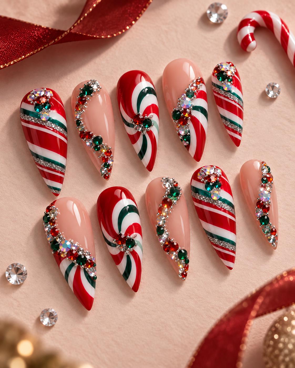 Christmas Candy Cane Swirl Press On Nails with Multicolor Rhinestones