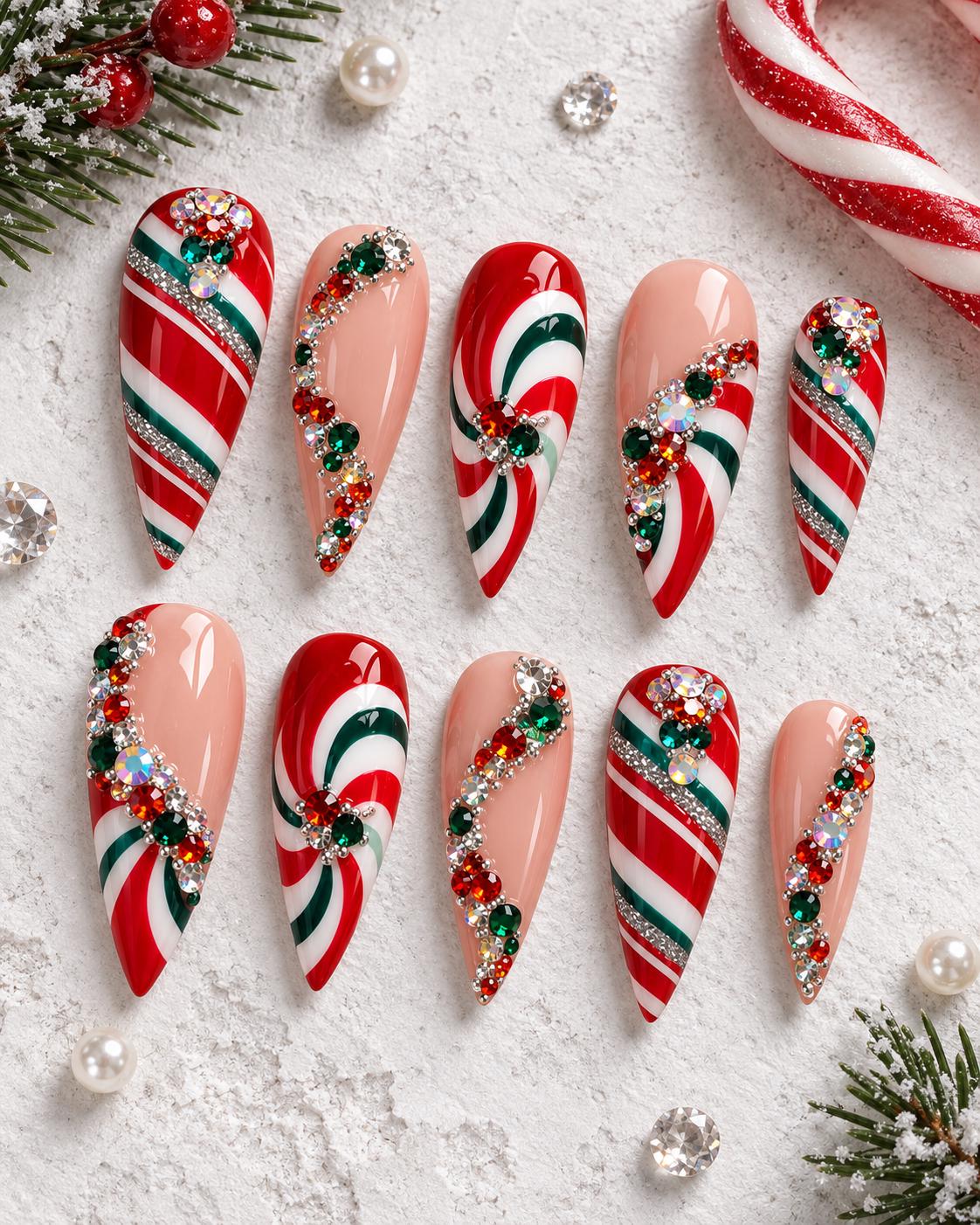 Christmas Candy Cane Swirl Press On Nails with Multicolor Rhinestones