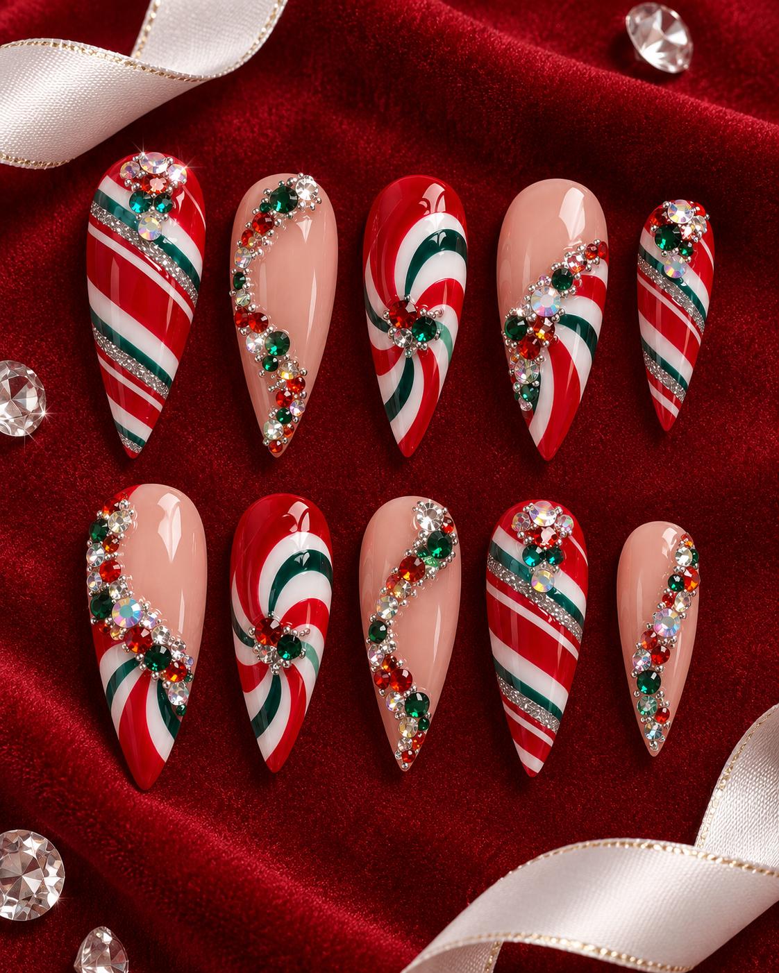 Christmas Candy Cane Swirl Press On Nails with Multicolor Rhinestones