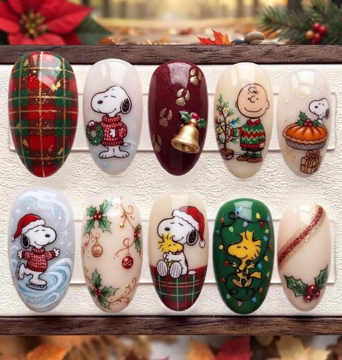 Christmas Cartoon Dog and Friends Press-On Nail Set With Tartan and Holiday Details