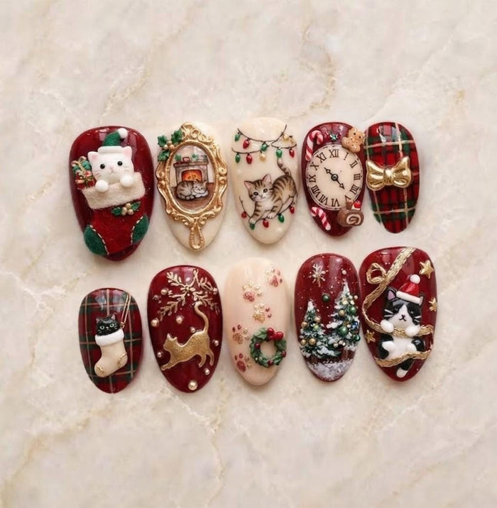 Christmas Cat and Fireplace Press On Nails with Tartan Plaid, Wreaths, and Gold Accents