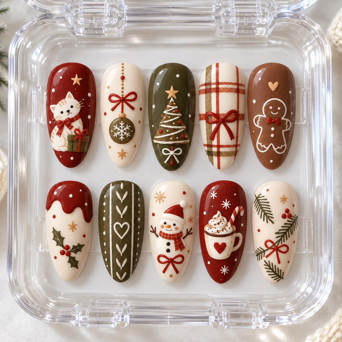 Christmas Cat and Winter Motif Nail Set in Red, Cream, Olive, and Brown