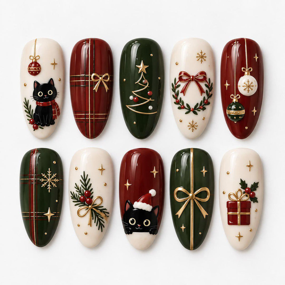 Christmas Cat Press-On Nails with Red and Green Plaid, Trees, Wreaths and Bows