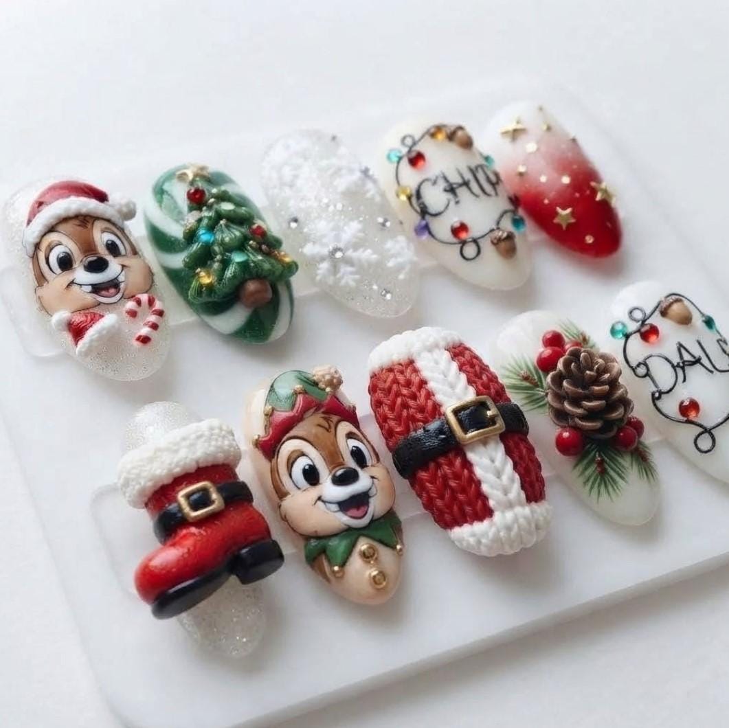 Christmas Chipmunk Press On Nails With Santa Suit, Tree, Snowflakes & Knit Texture