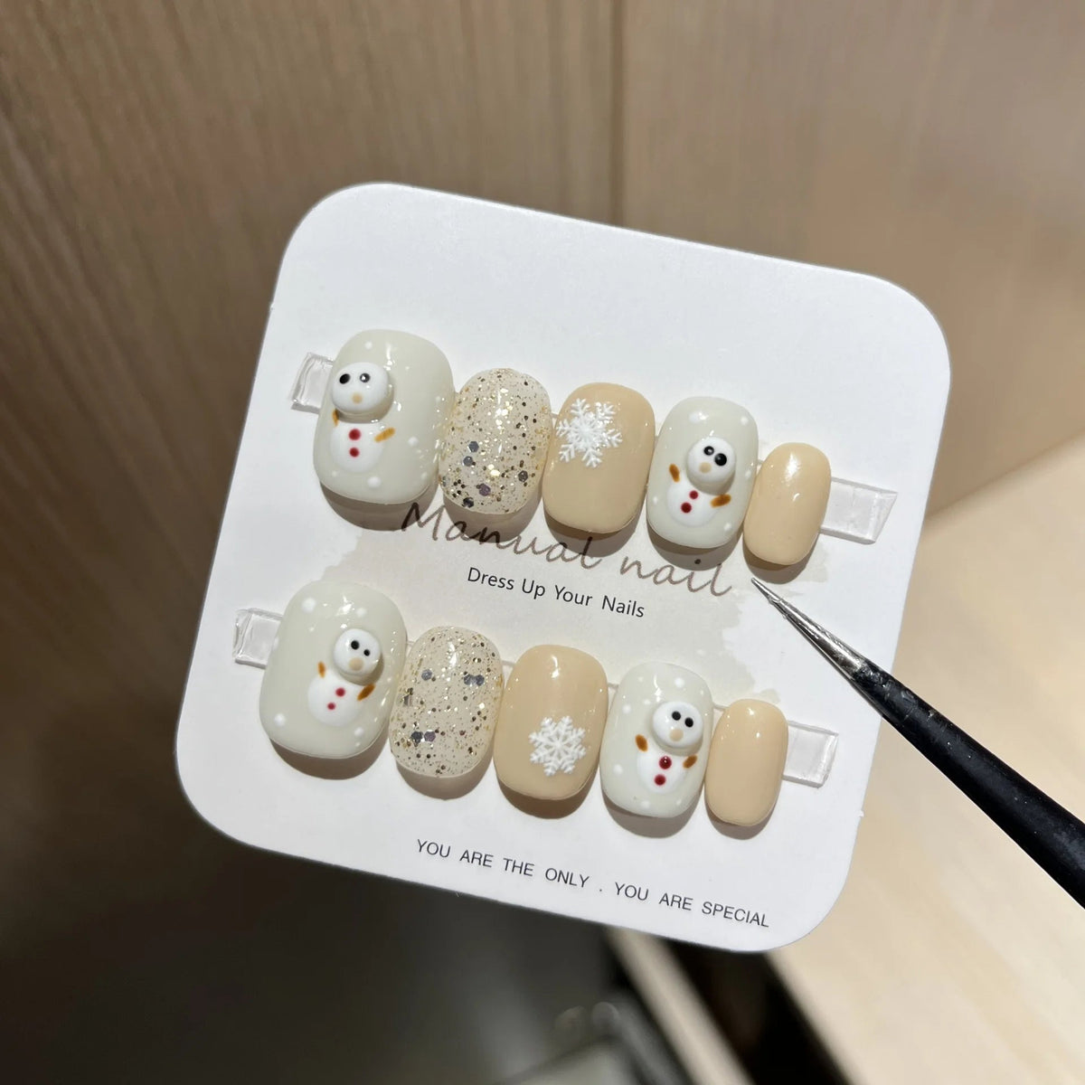 Christmas Cream Snowman and Snowflake Glitter Press-On Nails
