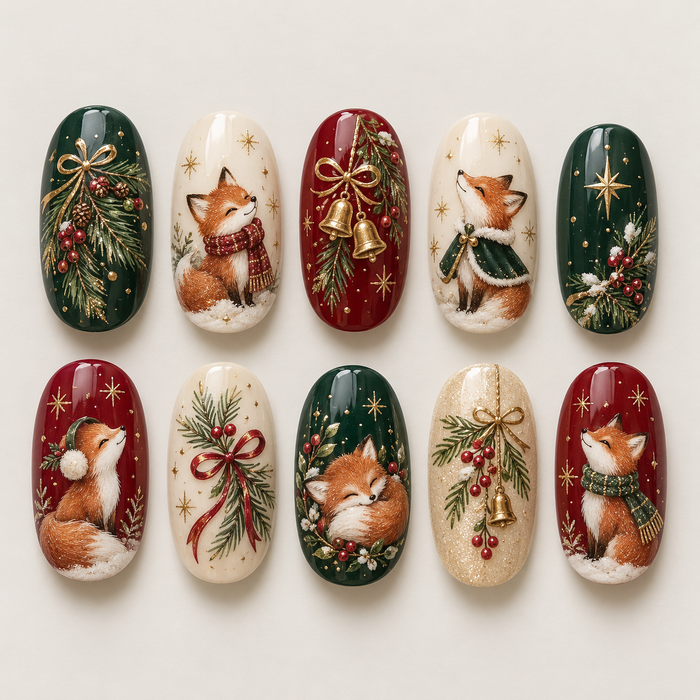 Christmas Fox and Pine Press On Nail Set in Evergreen, Berry Red and Gold