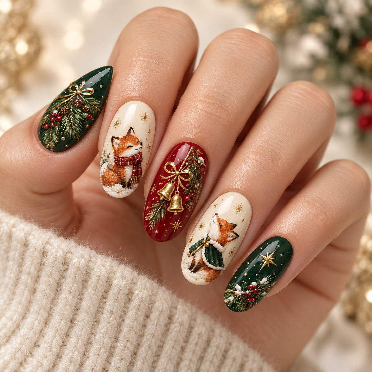 Christmas Fox and Pine Nail Set in Evergreen, Berry Red and Gold