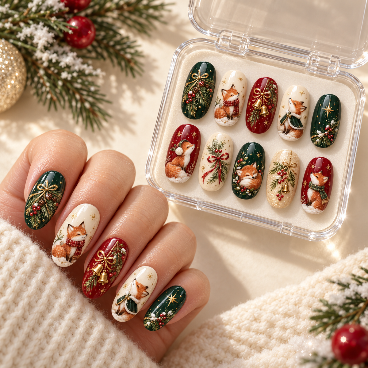 Christmas Fox and Pine Nail Set in Evergreen, Berry Red and Gold